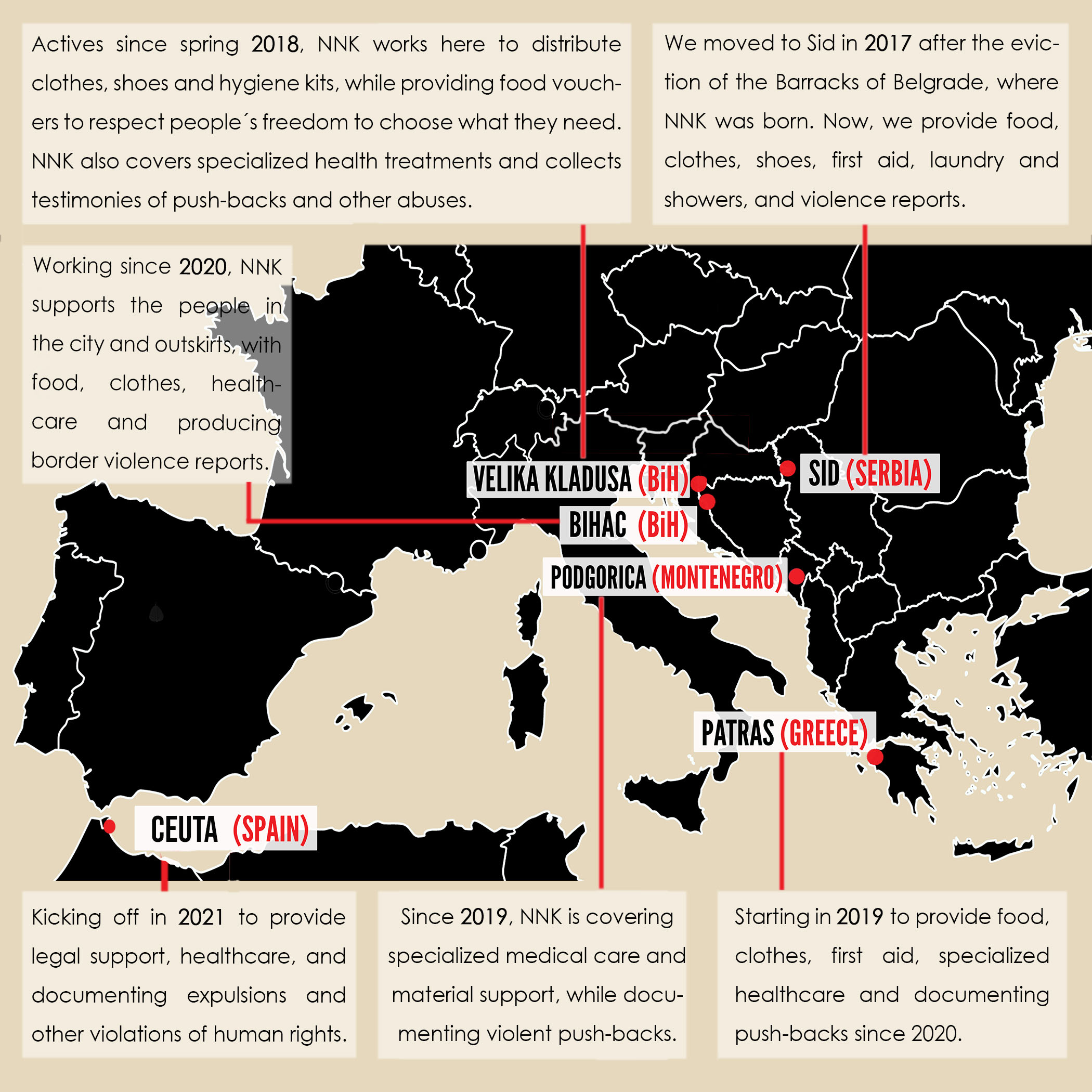 Map of Europe displaying NNK offices on Spain, Croatia,Bosnia and Herzegovina, Serbia, Montenegro and Greece